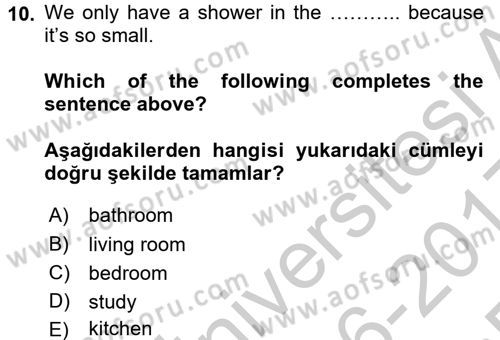 İngilizce 2 Dersi 2016 - 2017 Yılı 3 Ders Sınav Soruları 10. Soru