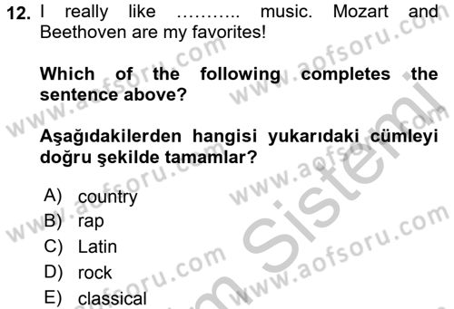 İngilizce 2 Dersi 2016 - 2017 Yılı 3 Ders Sınav Soruları 12. Soru