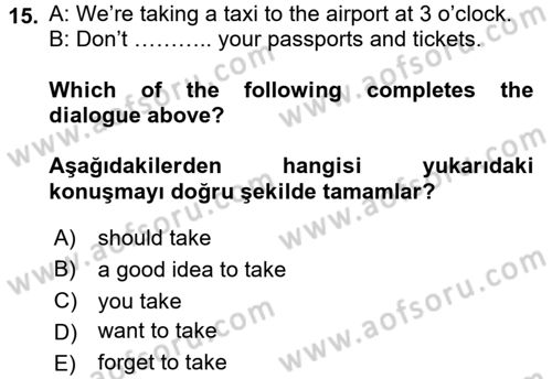 İngilizce 2 Dersi 2016 - 2017 Yılı 3 Ders Sınav Soruları 15. Soru