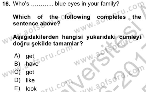 İngilizce 2 Dersi 2016 - 2017 Yılı 3 Ders Sınav Soruları 16. Soru