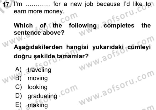 İngilizce 2 Dersi 2016 - 2017 Yılı 3 Ders Sınav Soruları 17. Soru