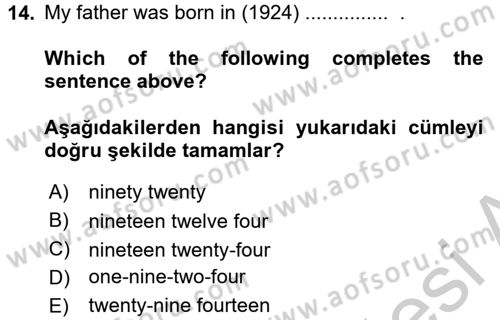 İngilizce 2 Dersi 2016 - 2017 Yılı (Vize) Ara Sınav Soruları 14. Soru