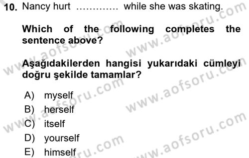 İngilizce 2 Dersi 2016 - 2017 Yılı (Final) Dönem Sonu Sınav Soruları 10. Soru
