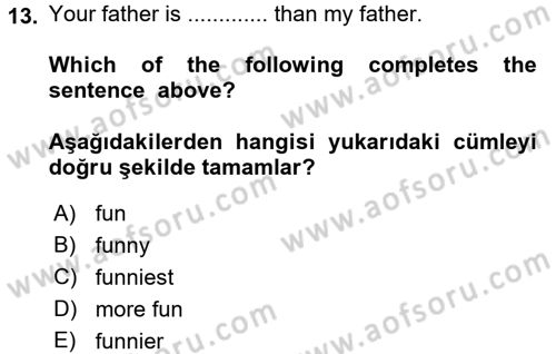 İngilizce 2 Dersi 2016 - 2017 Yılı (Final) Dönem Sonu Sınav Soruları 13. Soru