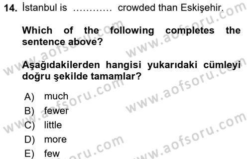 İngilizce 2 Dersi 2016 - 2017 Yılı (Final) Dönem Sonu Sınav Soruları 14. Soru
