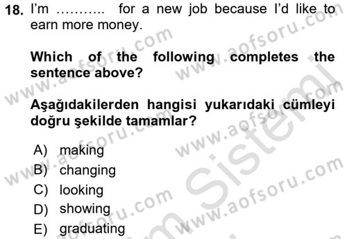 İngilizce 2 Dersi 2016 - 2017 Yılı (Final) Dönem Sonu Sınav Soruları 18. Soru