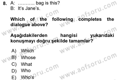 İngilizce 2 Dersi 2016 - 2017 Yılı (Final) Dönem Sonu Sınav Soruları 8. Soru