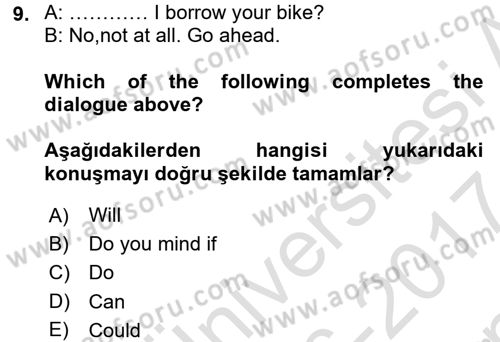 İngilizce 2 Dersi 2016 - 2017 Yılı (Final) Dönem Sonu Sınav Soruları 9. Soru