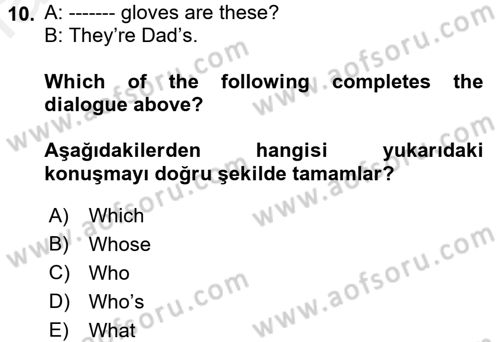 İngilizce 2 Dersi 2017 - 2018 Yılı 3 Ders Sınav Soruları 10. Soru