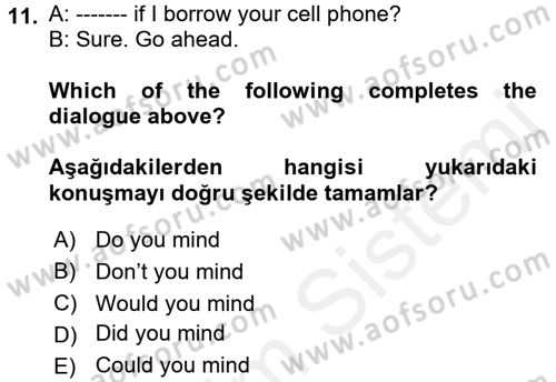İngilizce 2 Dersi 2017 - 2018 Yılı 3 Ders Sınav Soruları 11. Soru