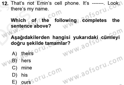 İngilizce 2 Dersi 2017 - 2018 Yılı 3 Ders Sınav Soruları 12. Soru