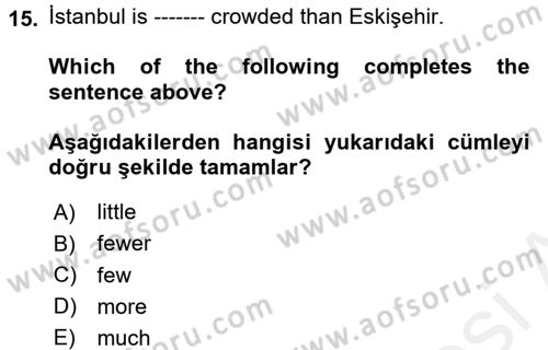 İngilizce 2 Dersi 2017 - 2018 Yılı 3 Ders Sınav Soruları 15. Soru