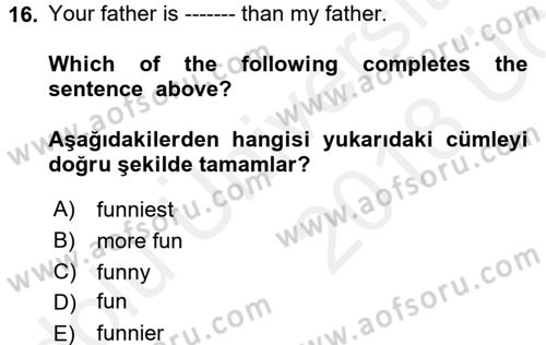 İngilizce 2 Dersi 2017 - 2018 Yılı 3 Ders Sınav Soruları 16. Soru