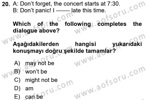 İngilizce 2 Dersi 2017 - 2018 Yılı 3 Ders Sınav Soruları 20. Soru
