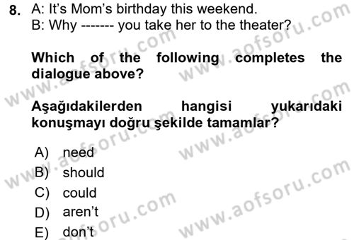 İngilizce 2 Dersi 2017 - 2018 Yılı 3 Ders Sınav Soruları 8. Soru