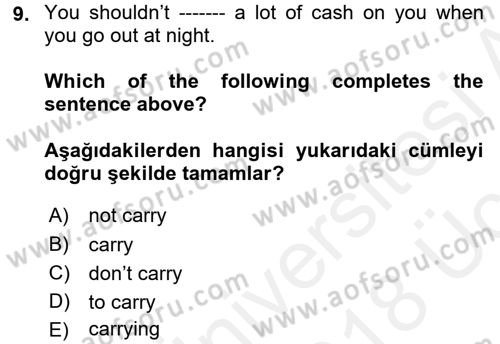 İngilizce 2 Dersi 2017 - 2018 Yılı 3 Ders Sınav Soruları 9. Soru