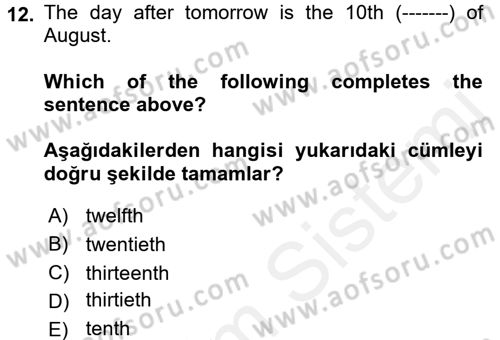 İngilizce 2 Dersi 2017 - 2018 Yılı (Vize) Ara Sınav Soruları 12. Soru