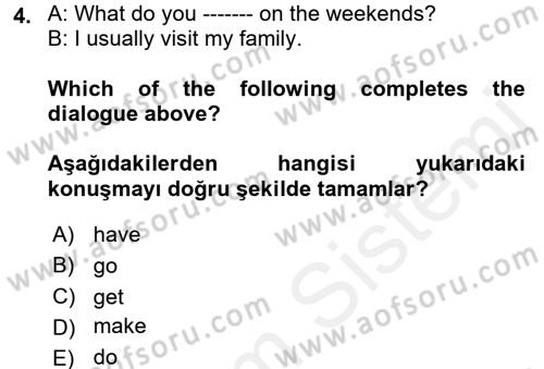 İngilizce 2 Dersi 2017 - 2018 Yılı (Vize) Ara Sınav Soruları 4. Soru
