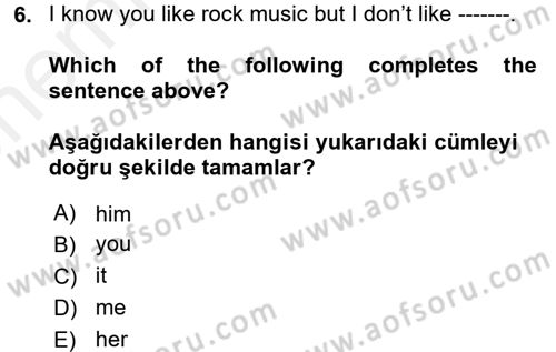 İngilizce 2 Dersi 2017 - 2018 Yılı (Vize) Ara Sınav Soruları 6. Soru