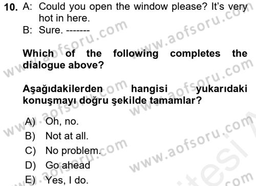 İngilizce 2 Dersi 2017 - 2018 Yılı (Final) Dönem Sonu Sınav Soruları 10. Soru