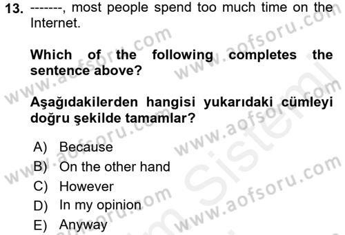 İngilizce 2 Dersi 2017 - 2018 Yılı (Final) Dönem Sonu Sınav Soruları 13. Soru