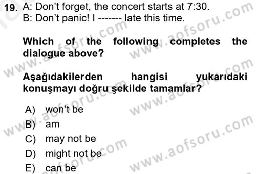 İngilizce 2 Dersi 2017 - 2018 Yılı (Final) Dönem Sonu Sınav Soruları 19. Soru