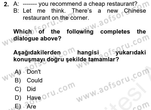 İngilizce 2 Dersi 2017 - 2018 Yılı (Final) Dönem Sonu Sınav Soruları 2. Soru