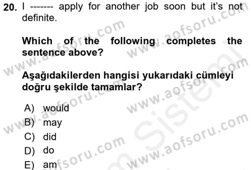 İngilizce 2 Dersi 2017 - 2018 Yılı (Final) Dönem Sonu Sınav Soruları 20. Soru