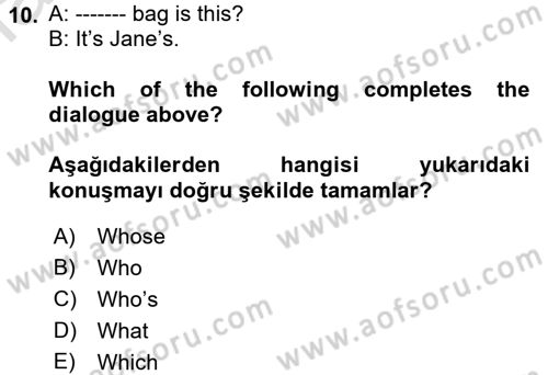 İngilizce 2 Dersi 2018 - 2019 Yılı 3 Ders Sınav Soruları 10. Soru