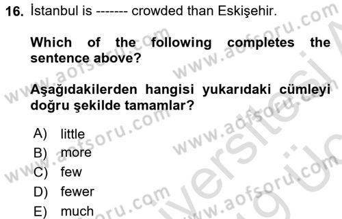 İngilizce 2 Dersi 2018 - 2019 Yılı 3 Ders Sınav Soruları 16. Soru