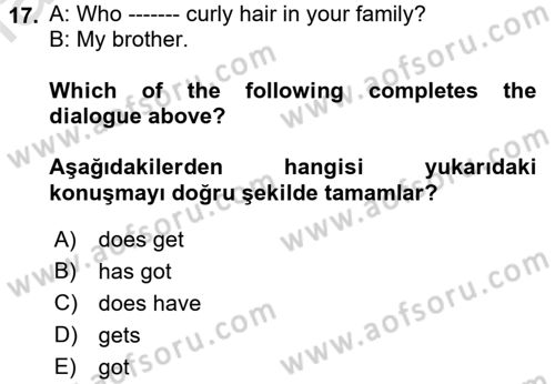 İngilizce 2 Dersi 2018 - 2019 Yılı 3 Ders Sınav Soruları 17. Soru