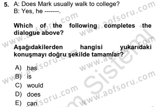 İngilizce 2 Dersi 2018 - 2019 Yılı 3 Ders Sınav Soruları 5. Soru