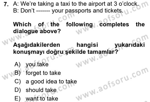 İngilizce 2 Dersi 2018 - 2019 Yılı 3 Ders Sınav Soruları 7. Soru