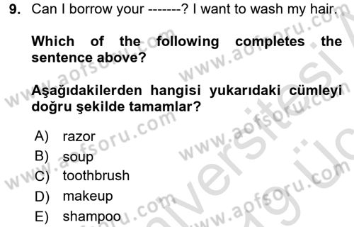 İngilizce 2 Dersi 2018 - 2019 Yılı 3 Ders Sınav Soruları 9. Soru