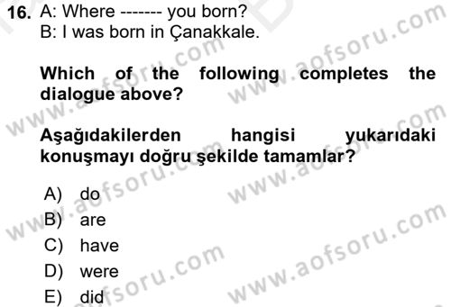 İngilizce 2 Dersi 2018 - 2019 Yılı (Vize) Ara Sınavı 16. Soru