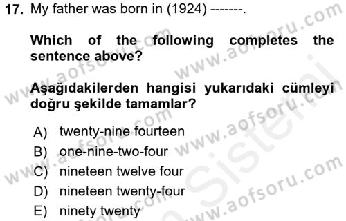İngilizce 2 Dersi 2018 - 2019 Yılı (Vize) Ara Sınavı 17. Soru