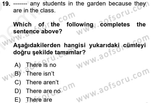 İngilizce 2 Dersi 2018 - 2019 Yılı (Vize) Ara Sınavı 19. Soru