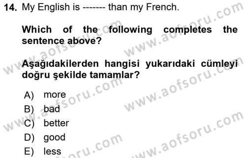 İngilizce 2 Dersi 2018 - 2019 Yılı (Final) Dönem Sonu Sınav Soruları 14. Soru