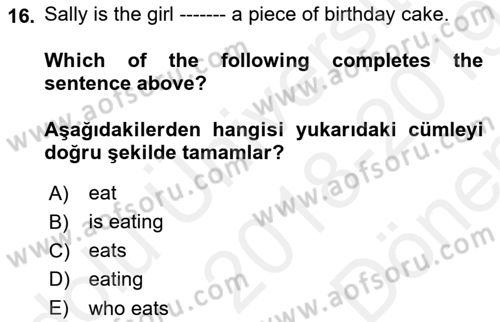İngilizce 2 Dersi 2018 - 2019 Yılı (Final) Dönem Sonu Sınav Soruları 16. Soru