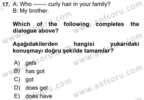 İngilizce 2 Dersi 2018 - 2019 Yılı (Final) Dönem Sonu Sınav Soruları 17. Soru