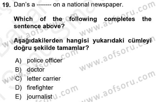 İngilizce 2 Dersi 2018 - 2019 Yılı (Final) Dönem Sonu Sınav Soruları 19. Soru