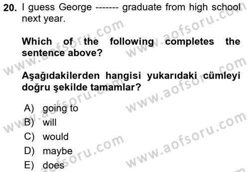 İngilizce 2 Dersi 2018 - 2019 Yılı (Final) Dönem Sonu Sınav Soruları 20. Soru