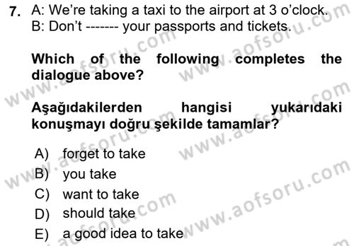 İngilizce 2 Dersi 2018 - 2019 Yılı (Final) Dönem Sonu Sınav Soruları 7. Soru