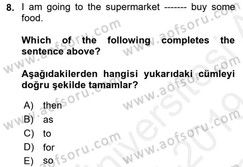 İngilizce 2 Dersi 2018 - 2019 Yılı (Final) Dönem Sonu Sınav Soruları 8. Soru
