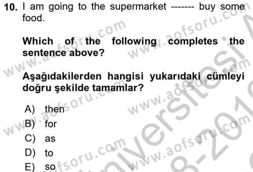 İngilizce 2 Dersi 2018 - 2019 Yılı Yaz Okulu Sınavı 10. Soru