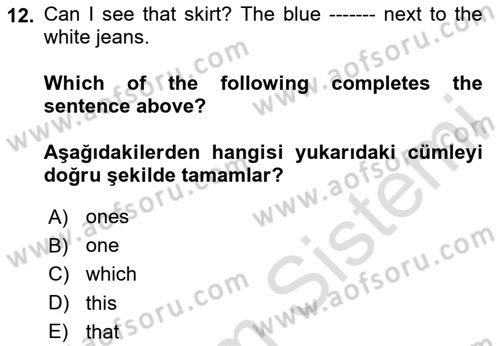 İngilizce 2 Dersi 2020 - 2021 Yılı Yaz Okulu Sınavı 12. Soru