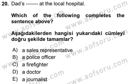 İngilizce 2 Dersi 2020 - 2021 Yılı Yaz Okulu Sınavı 20. Soru