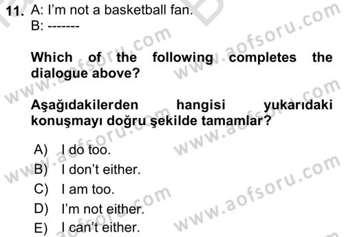 İngilizce 2 Dersi 2021 - 2022 Yılı (Vize) Ara Sınav Soruları 11. Soru