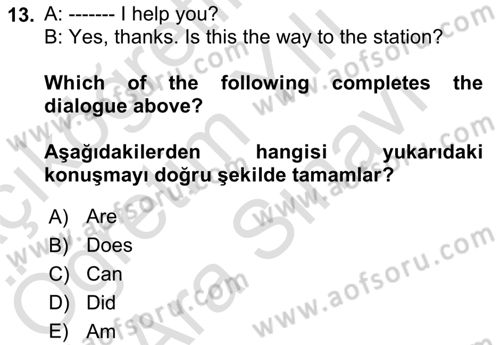İngilizce 2 Dersi 2021 - 2022 Yılı (Vize) Ara Sınav Soruları 13. Soru