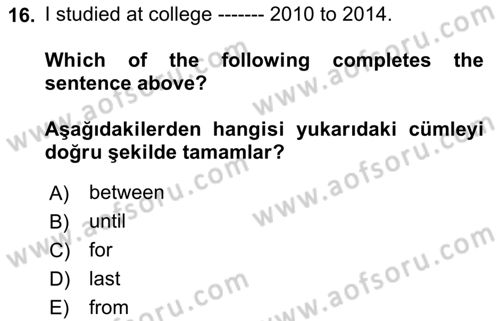İngilizce 2 Dersi 2021 - 2022 Yılı (Vize) Ara Sınav Soruları 16. Soru